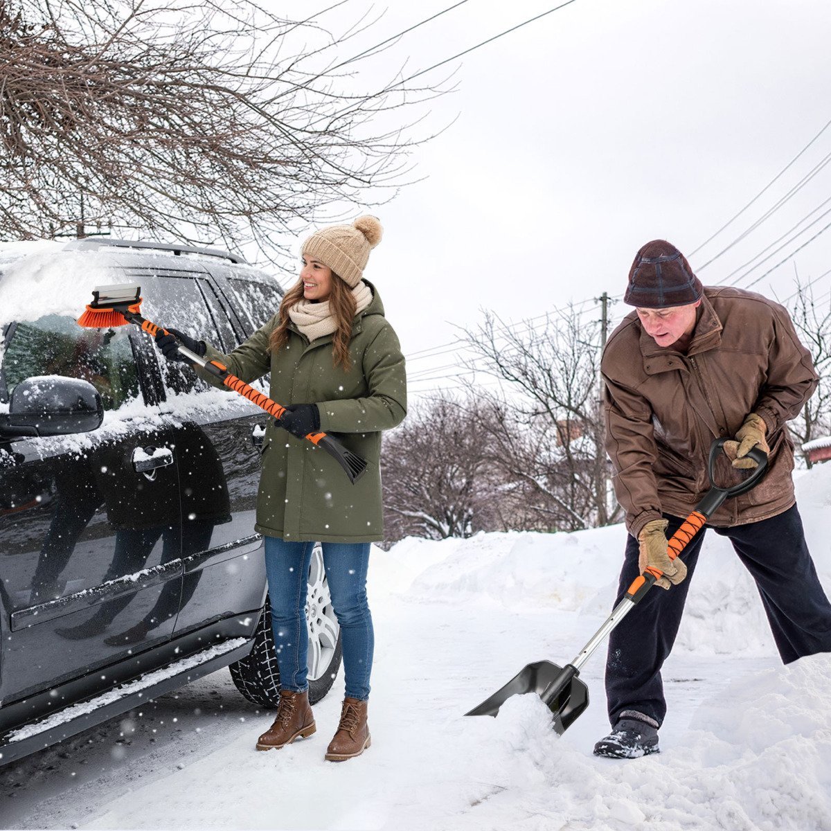 4 in 1 Extendable Snow Shovel 3 Adjustable Sizes Snow Kit for Car-Orange