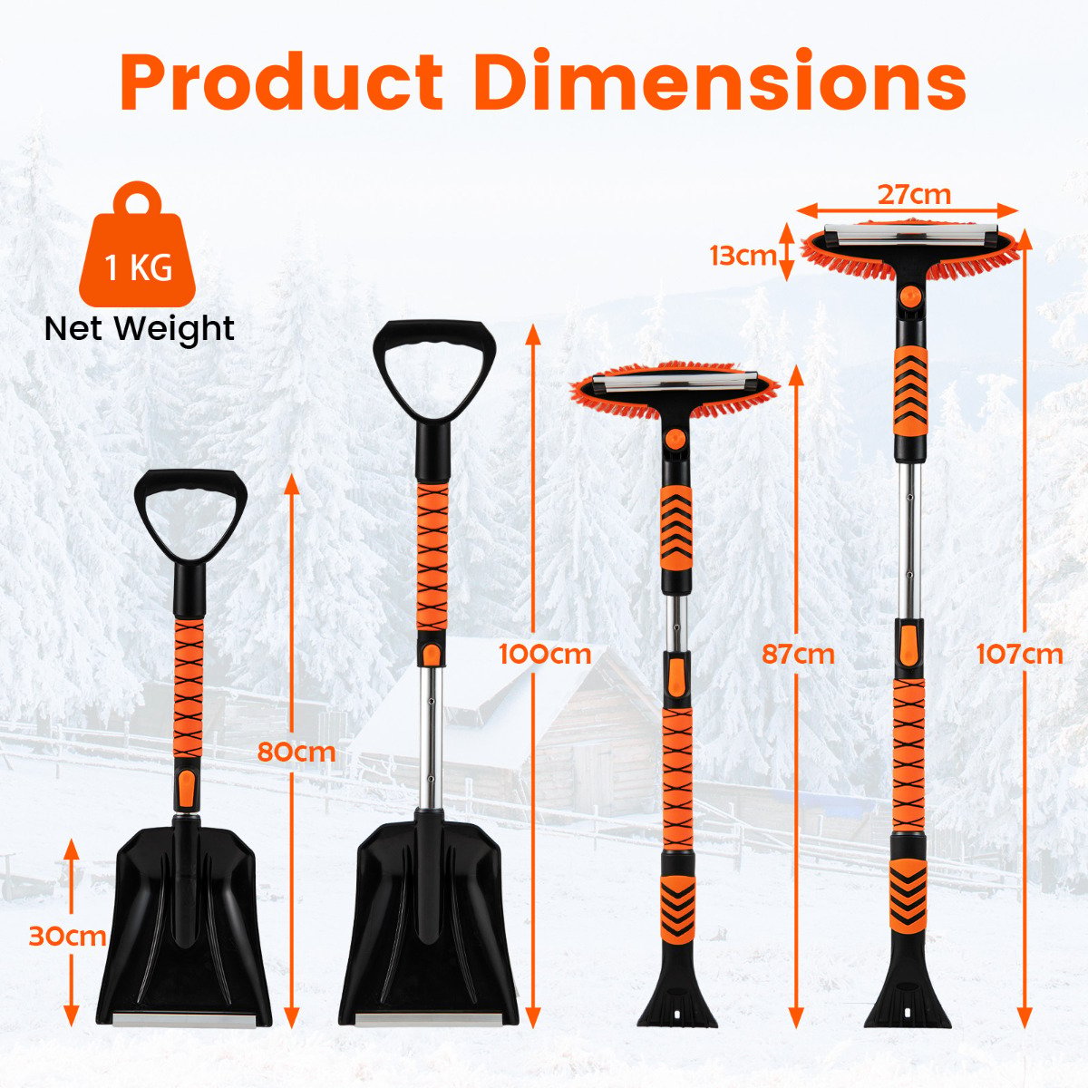 4 in 1 Extendable Snow Shovel 3 Adjustable Sizes Snow Kit for Car-Orange