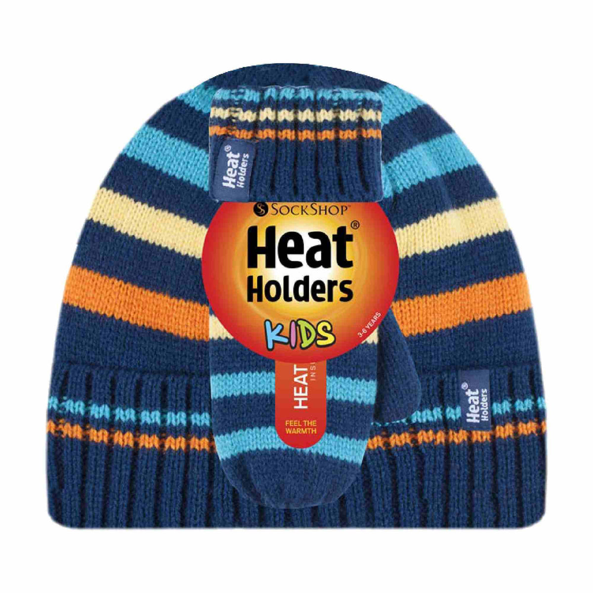 Kids Boys Winter Knitted Thermal Fleece Lined Cuffed Beanie Hat & Mittens Set