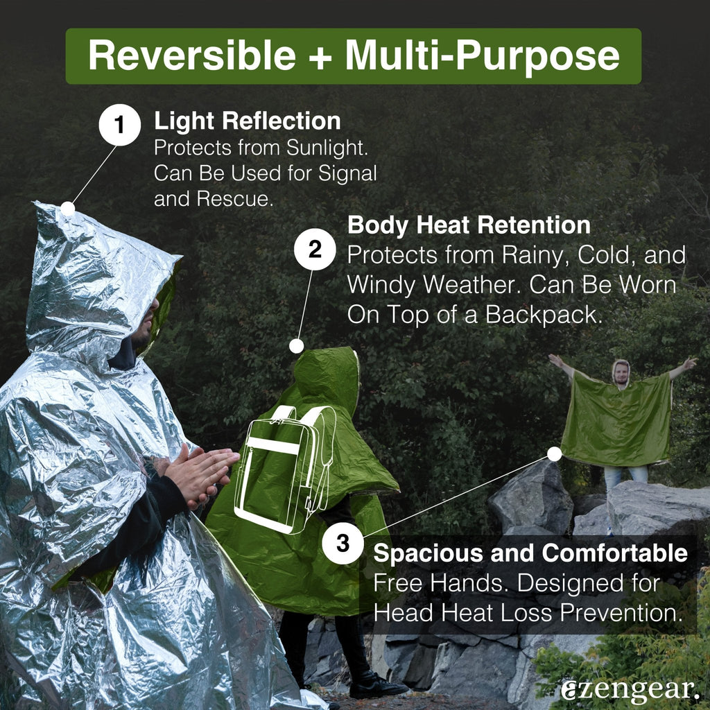 Waterproof Survival Poncho (4pc) Thermal Foil Coating Blanket for Heat Retention With A Reversible Hood.