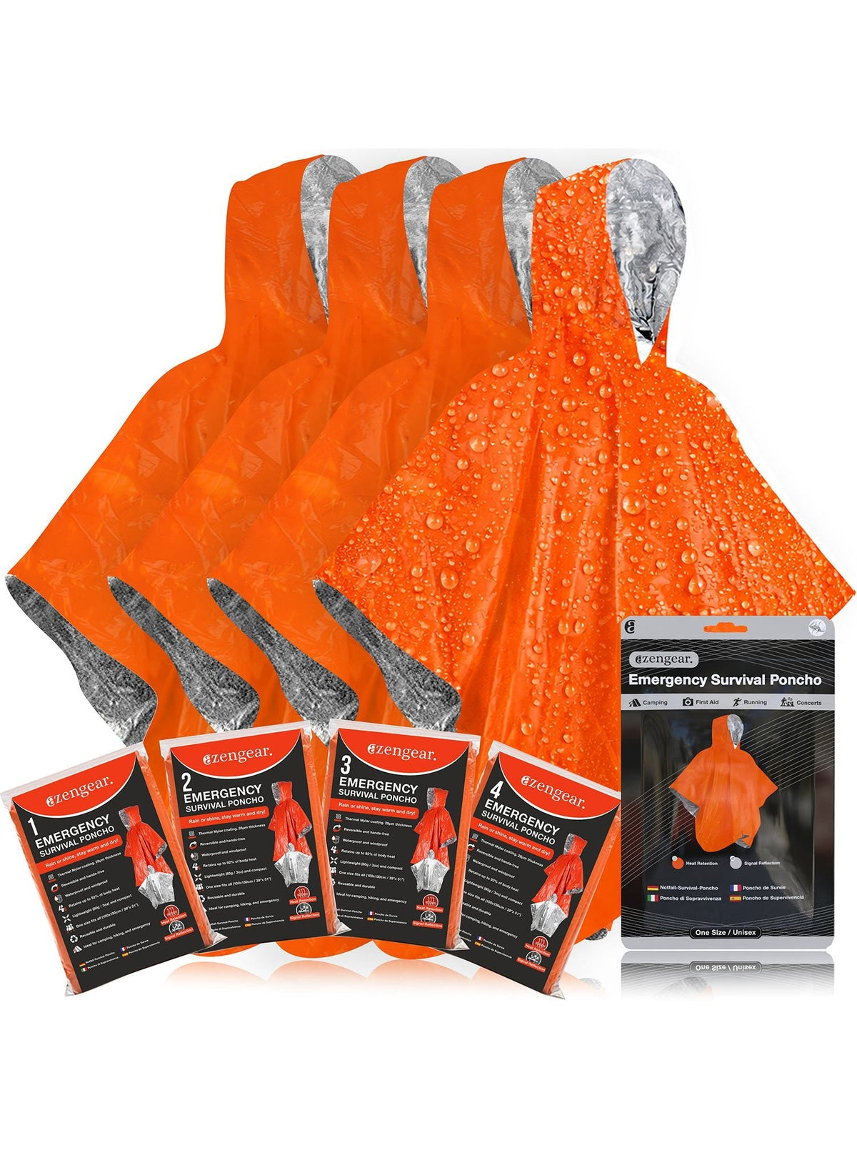 Waterproof Survival Poncho (4pc) Thermal Foil Coating Blanket for Heat Retention With A Reversible Hood.