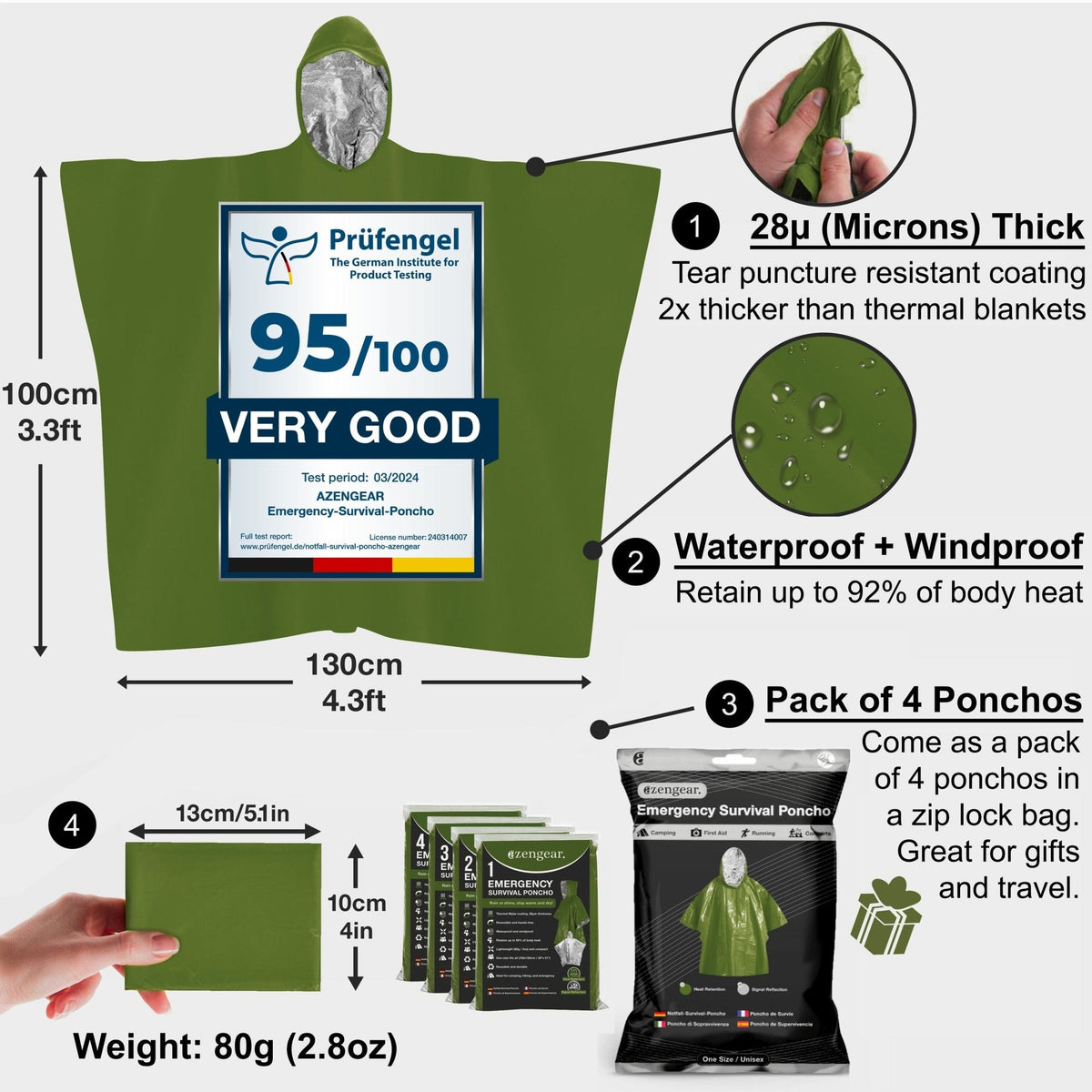 Waterproof Survival Poncho (4pc) Thermal Foil Coating Blanket for Heat Retention With A Reversible Hood.
