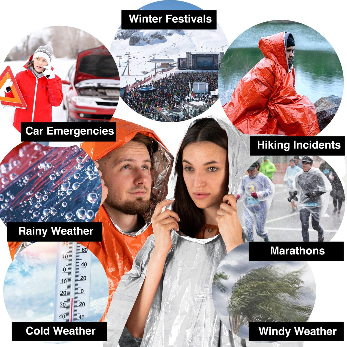 Waterproof Survival Poncho (4pc) Thermal Foil Coating Blanket for Heat Retention With A Reversible Hood.