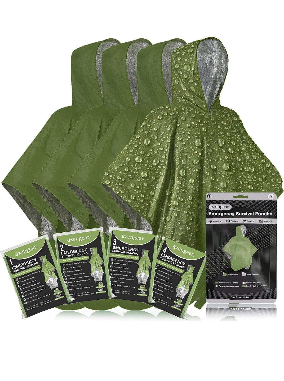 Waterproof Survival Poncho (4pc) Thermal Foil Coating Blanket for Heat Retention With A Reversible Hood.