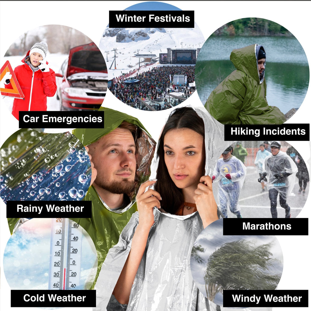 Waterproof Survival Poncho (4pc) Thermal Foil Coating Blanket for Heat Retention With A Reversible Hood.