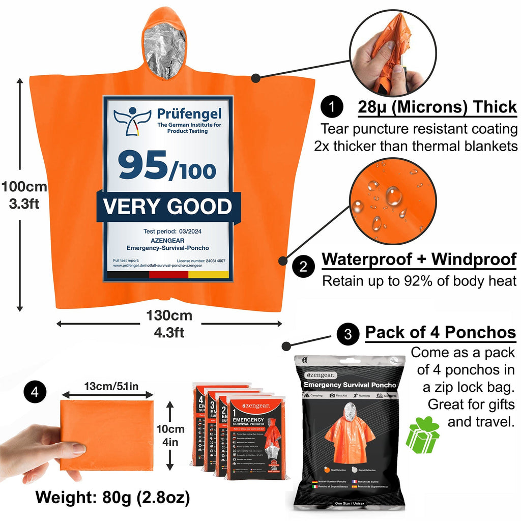 Waterproof Survival Poncho (4pc) Thermal Foil Coating Blanket for Heat Retention With A Reversible Hood.