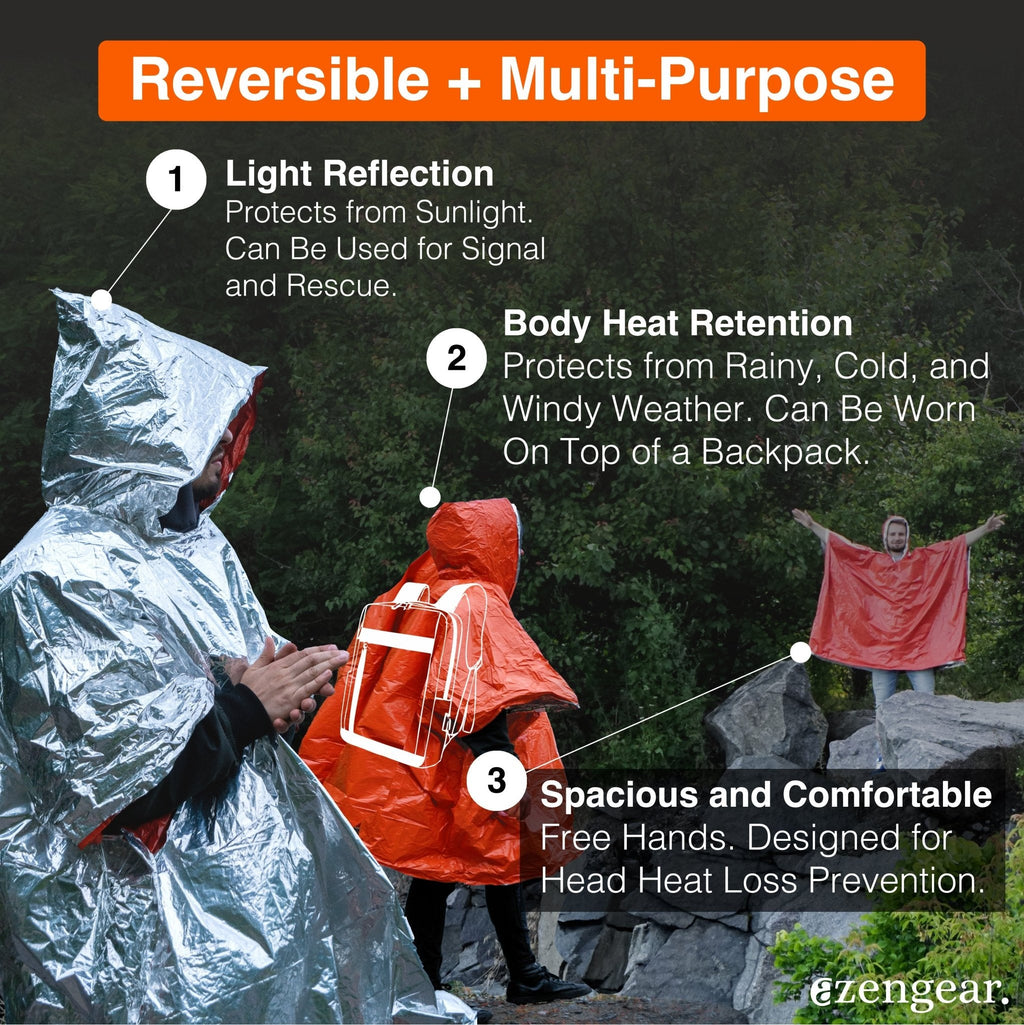 Waterproof Survival Poncho (4pc) Thermal Foil Coating Blanket for Heat Retention With A Reversible Hood.