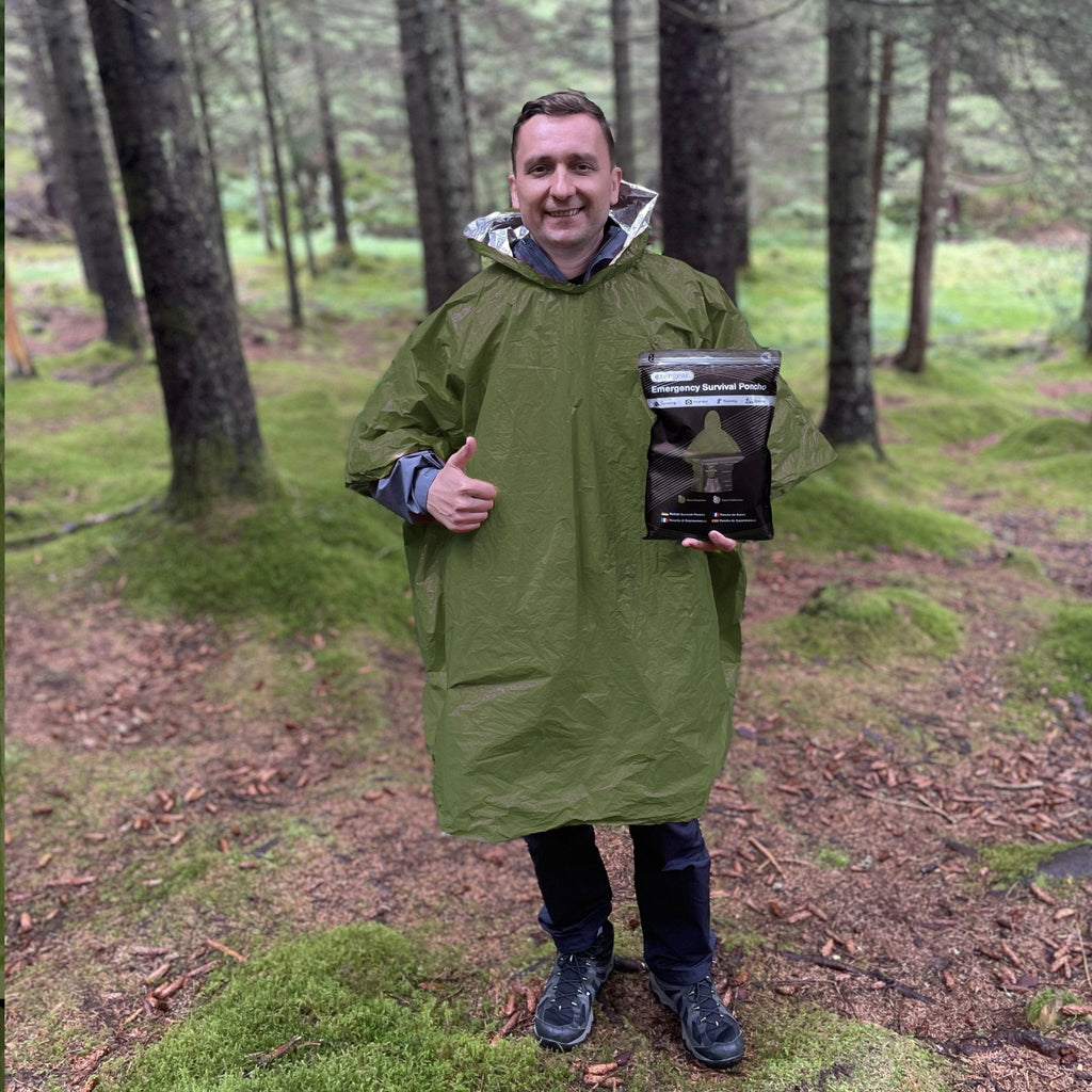 Waterproof Survival Poncho (4pc) Thermal Foil Coating Blanket for Heat Retention With A Reversible Hood.